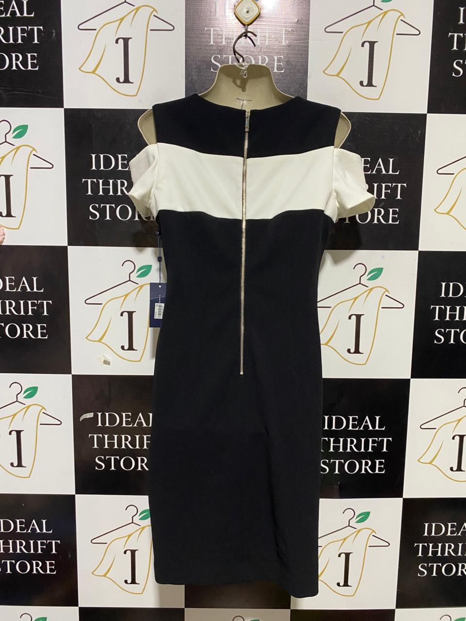 TOMMY HILFIER |M| BUST 18| B25| WOMEN'S CHIC BLACK AND WHITE COLOR-BLOCK COLD-SHOULDER SHIFT DRESS
