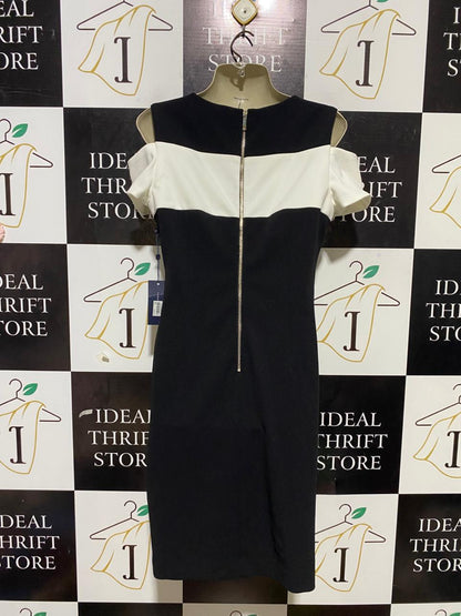 TOMMY HILFIER |M| BUST 18| B25| WOMEN'S CHIC BLACK AND WHITE COLOR-BLOCK COLD-SHOULDER SHIFT DRESS