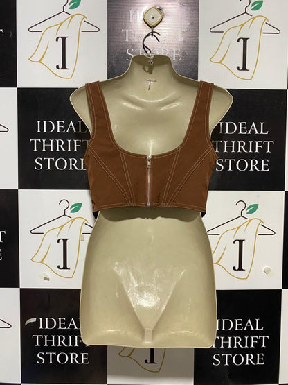 |M| BUST 17| B25| WOMEN'S CHOCOLATE BROWN CONTRAST STITCH CORSET-STYLE CROP TOP