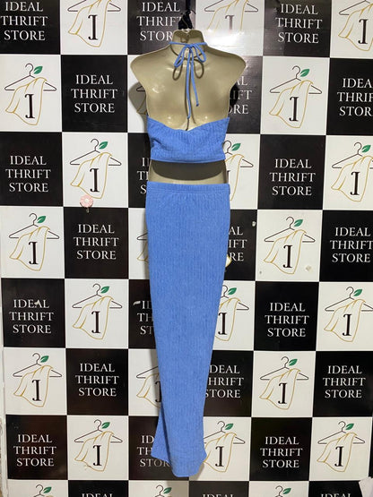 SHEIN |L| B25| WOMEN'S PERIWINKLE BLUE TEXTURED TWO-PIECE HALTER TOP AND MAXI SKIRT SET