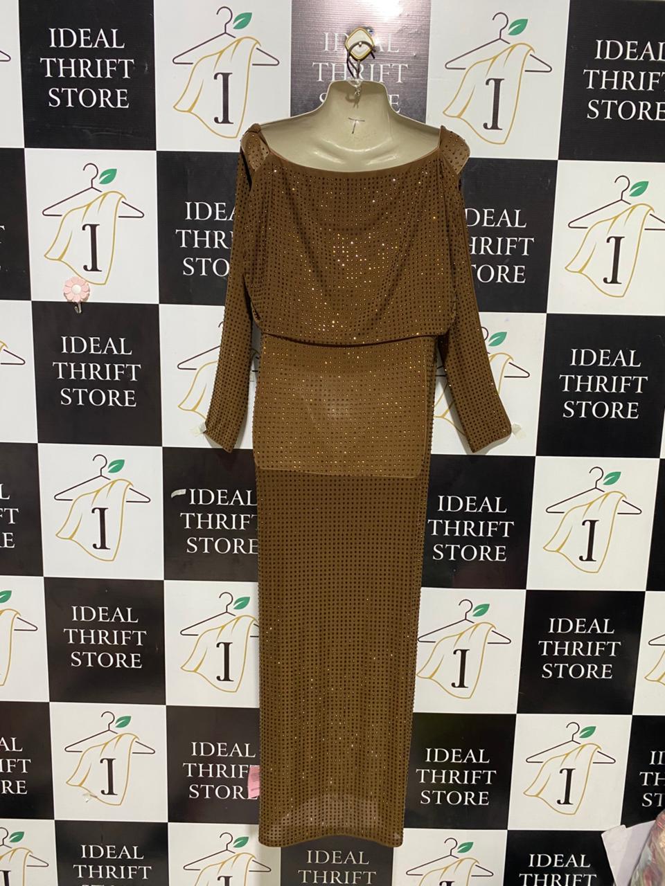 PRETTYLITTLE THING |L| BUST 20| B25| WOMEN'S COFFEE BROWN GLITTER EMBELLISHED TWO-PIECE MAXI DRESS AND SHRUG SET