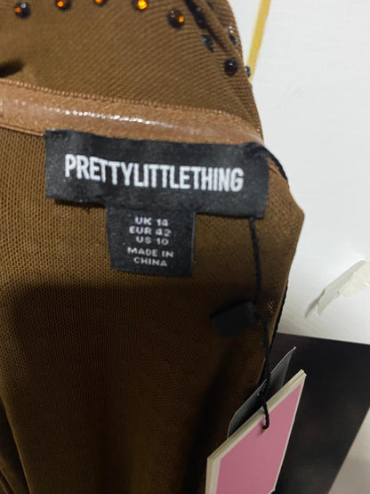 PRETTYLITTLE THING |L| BUST 20| B25| WOMEN'S COFFEE BROWN GLITTER EMBELLISHED TWO-PIECE MAXI DRESS AND SHRUG SET