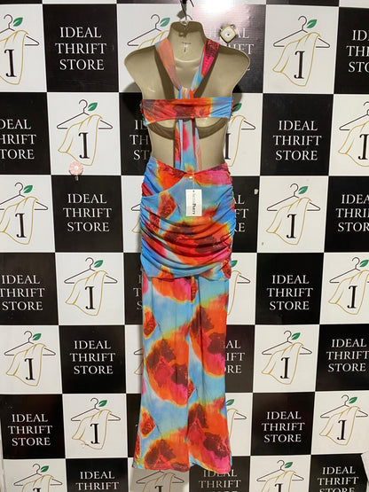 SISTER PARTY |S| B25| WOMEN'S VIBRANT MULTICOLOR ABSTRACT PRINT MESH HALTER TOP AND RUCHED MAXI SKIRT SET