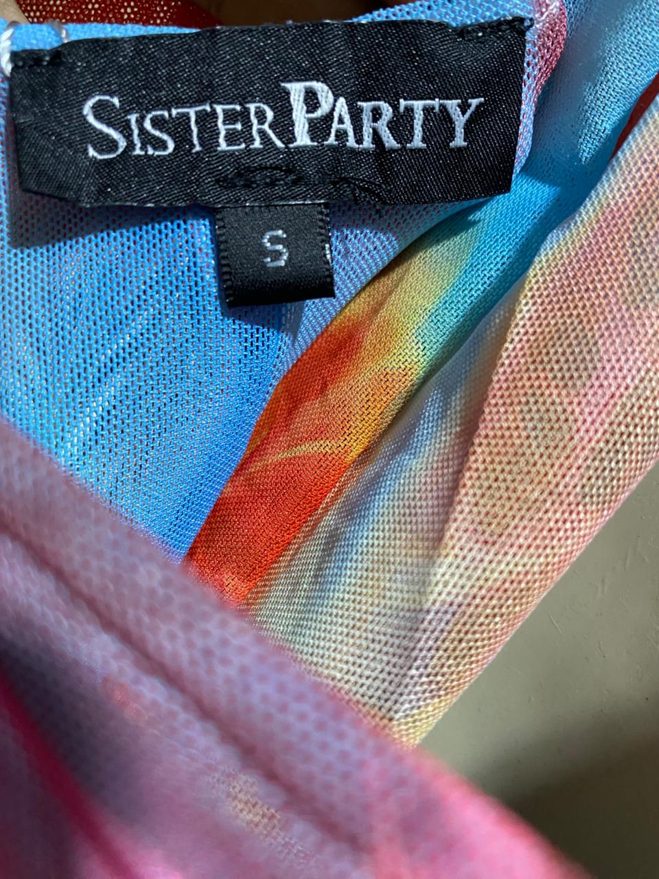 SISTER PARTY |S| B25| WOMEN'S VIBRANT MULTICOLOR ABSTRACT PRINT MESH HALTER TOP AND RUCHED MAXI SKIRT SET