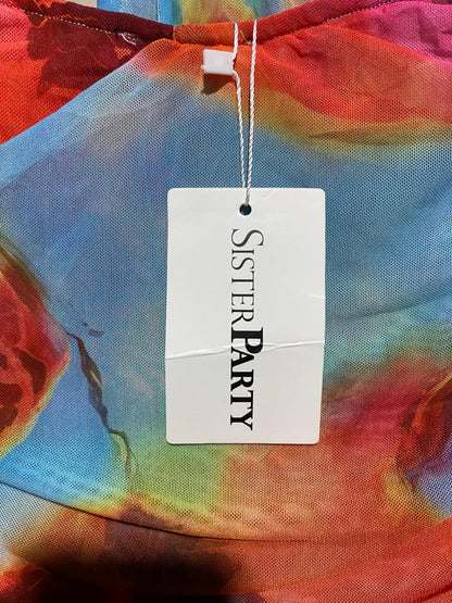 SISTER PARTY |S| B25| WOMEN'S VIBRANT MULTICOLOR ABSTRACT PRINT MESH HALTER TOP AND RUCHED MAXI SKIRT SET