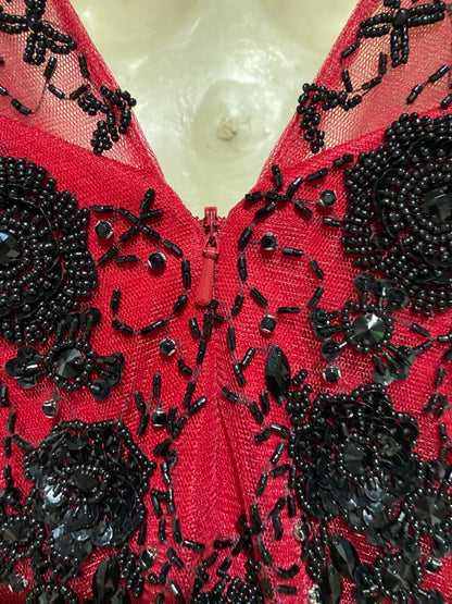 JADORE |M| BUST 18| B25| WOMEN'S CRIMSON RED EMBELLISHED MERMAID GOWN WITH BLACK LACE APPLIQUÉ