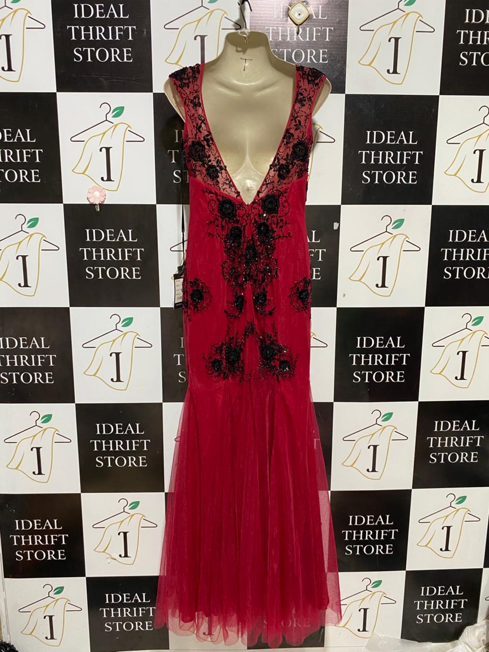 JADORE |M| BUST 18| B25| WOMEN'S CRIMSON RED EMBELLISHED MERMAID GOWN WITH BLACK LACE APPLIQUÉ