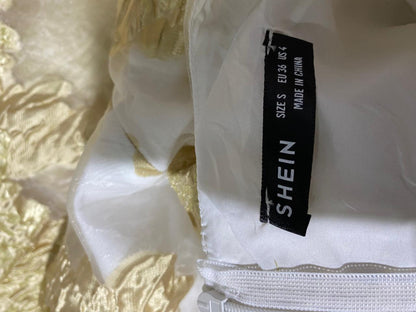 SHEIN |M| BUST 18| B25| WOMEN'S ELEGANT WHITE AND GOLD FLORAL BROCADE PUFF-SLEEVE MIDI DRESS