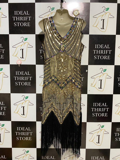 VIJIV |L| BUST 20| B25| VINTAGE-INSPIRED ART DECO SEQUIN FLAPPER DRESS - GOLD & BLACK EMBELLISHED LUXURY