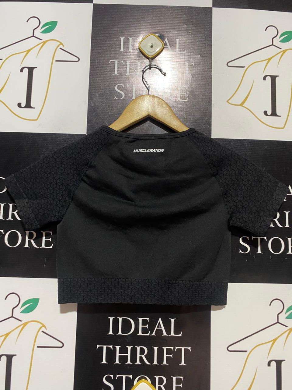 MUSCLENATION |XS| BUST 13| B24| PREMIUM MUSCLE NATION SEAMLESS CROP TOP - SLEEK BLACK PERFORMANCE ACTIVEWEAR