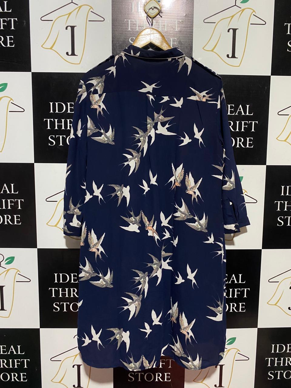 OASIS |XL| BUST 21| B24| NAVY BLUE SWALLOW PRINT SHIRT DRESS - ELEGANT LONG-SLEEVE BUTTON-DOWN