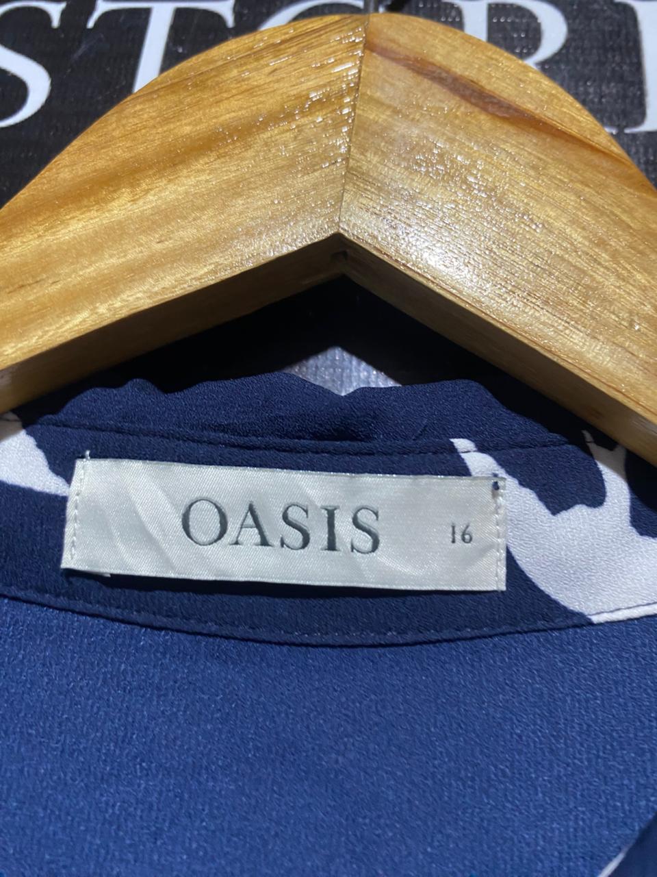 OASIS |XL| BUST 21| B24| NAVY BLUE SWALLOW PRINT SHIRT DRESS - ELEGANT LONG-SLEEVE BUTTON-DOWN