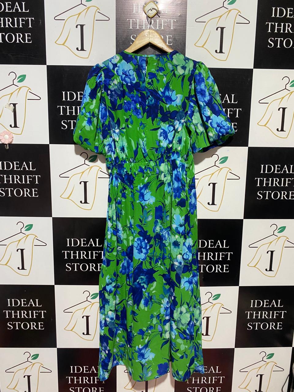 |M| BUST 18| B24| VIBRANT GREEN FLORAL MIDI DRESS - ELEGANT PUFF SLEEVE SUMMER APPAREL