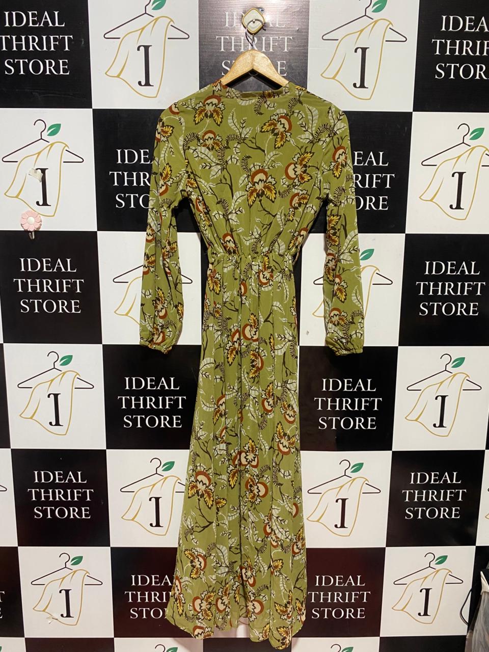 34 ISTANBUL FASHION |S| BUST 16| B24| ELEGANT OLIVE FLORAL MAXI DRESS - BOHEMIAN LONG-SLEEVE FULL-LENGTH GOWN