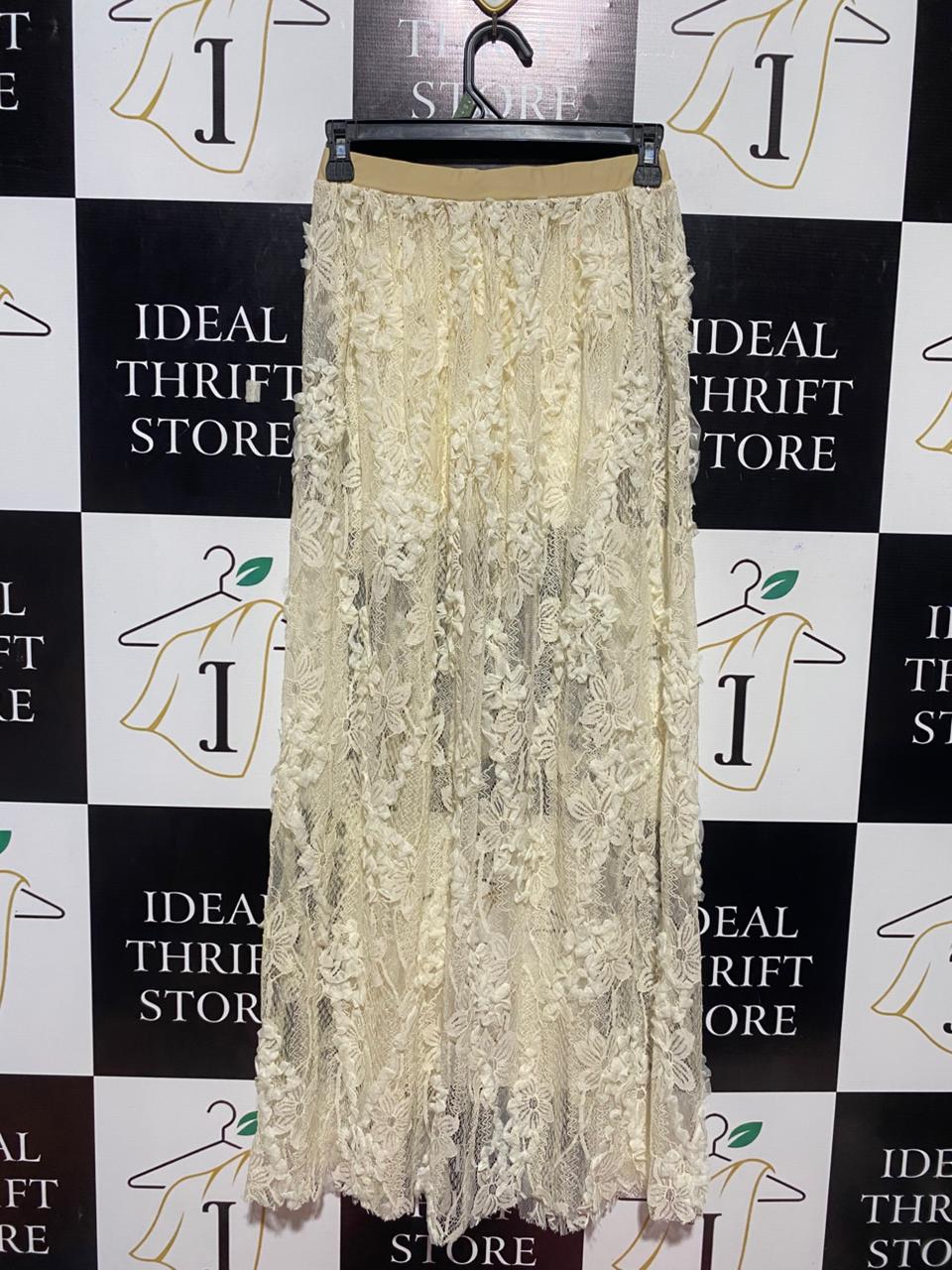 |M| WAIST 24| B24| ELEGANT CREAM LACE MAXI SKIRT - INTRICATE FLORAL EMBROIDERY & ELASTIC WAIST