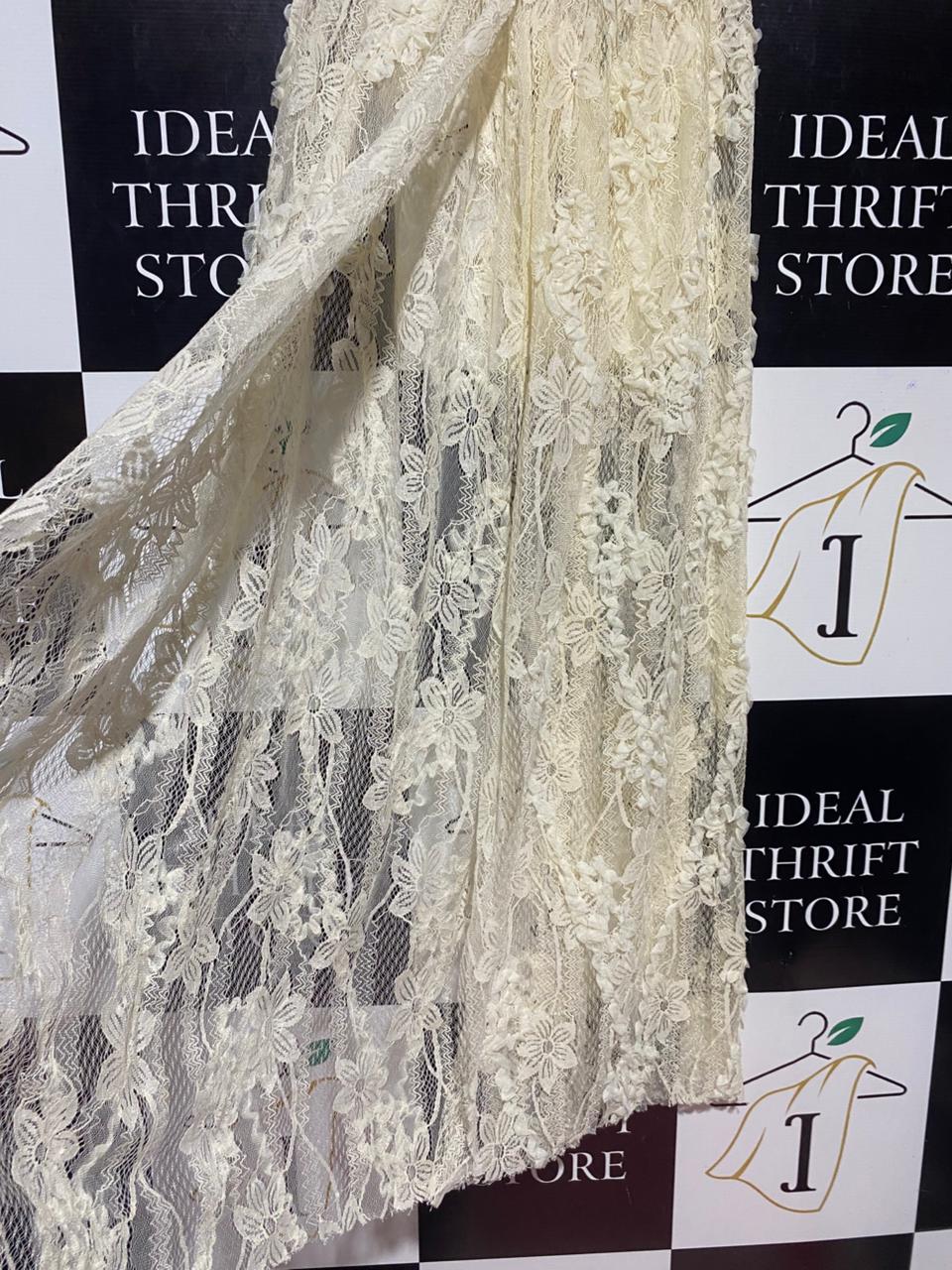 |M| WAIST 24| B24| ELEGANT CREAM LACE MAXI SKIRT - INTRICATE FLORAL EMBROIDERY & ELASTIC WAIST