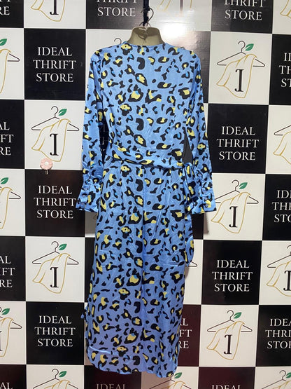 IN THE STYLE |S| BUST 17| B24| CHIC SKY BLUE LEOPARD PRINT WRAP DRESS - ELEGANT SATIN-FINISH MIDI GOWN