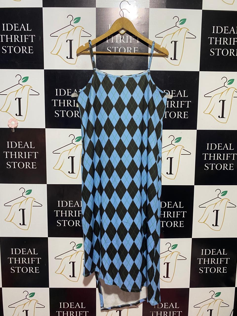 SHEIN |L| BUST 19| B24| CHIC BLUE & BLACK ARGYLE MIDI DRESS - MODERN ASYMMETRICAL SLIP DESIGN