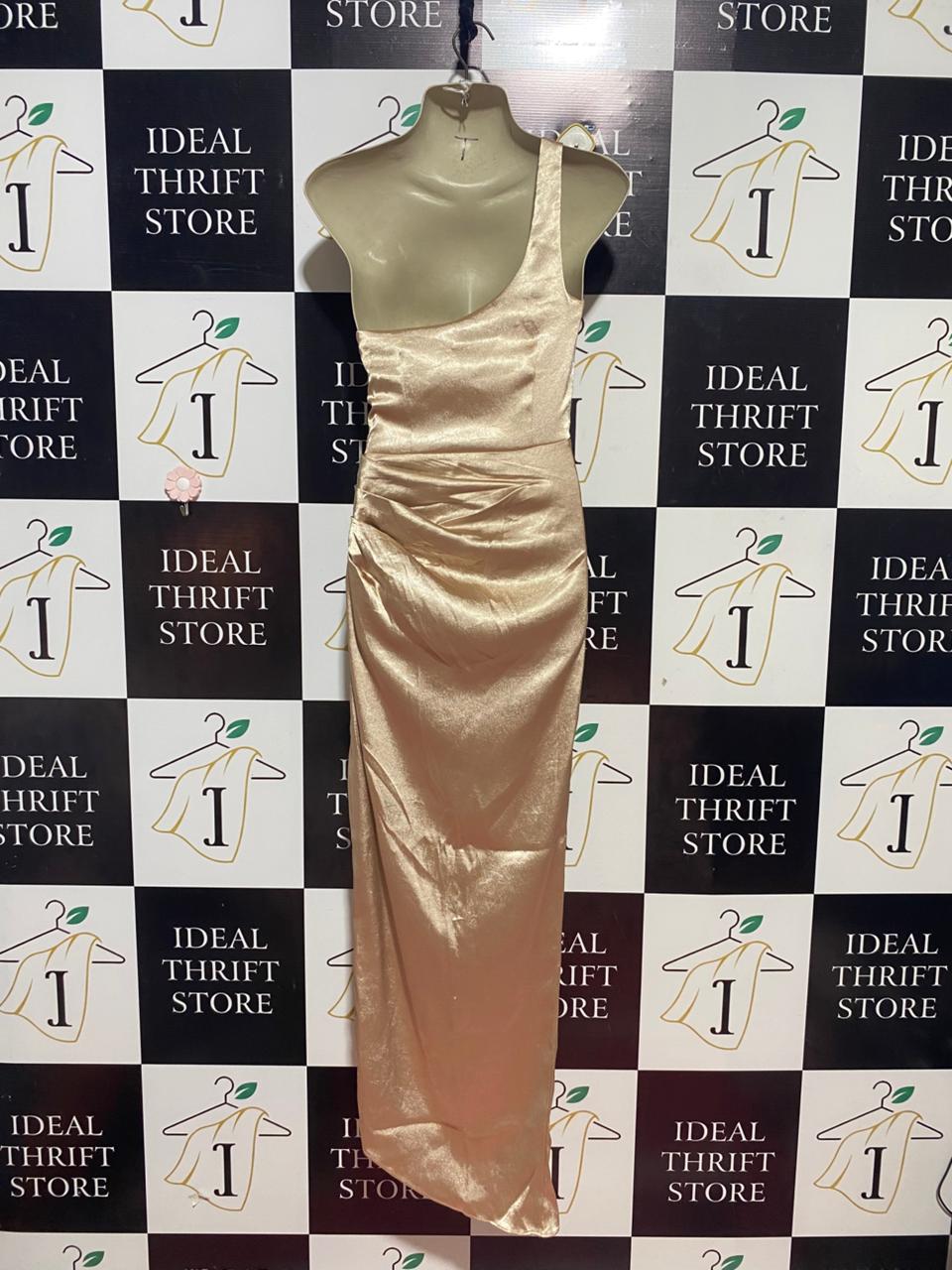 WHITE FOX |M| BUST 17| B24| LUXURIOUS CHAMPAGNE SATIN ONE-SHOULDER GOWN - ELEGANT RUCHED MAXI DRESS
