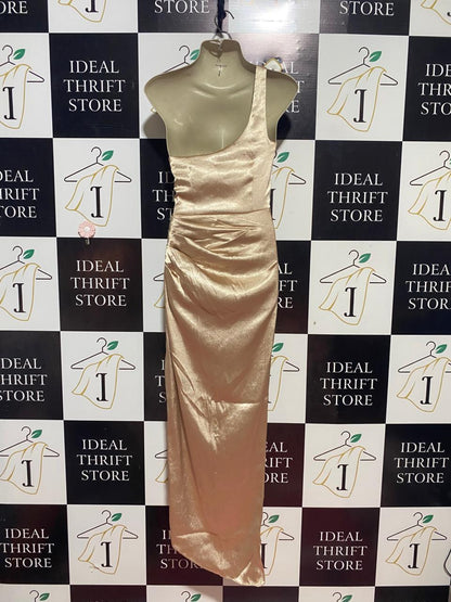 WHITE FOX |M| BUST 17| B24| LUXURIOUS CHAMPAGNE SATIN ONE-SHOULDER GOWN - ELEGANT RUCHED MAXI DRESS