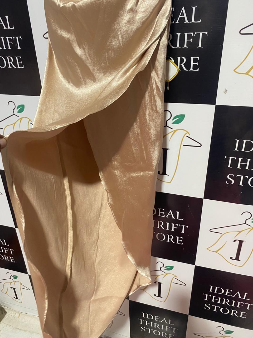 WHITE FOX |M| BUST 17| B24| LUXURIOUS CHAMPAGNE SATIN ONE-SHOULDER GOWN - ELEGANT RUCHED MAXI DRESS