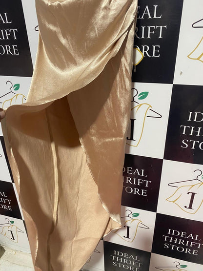WHITE FOX |M| BUST 17| B24| LUXURIOUS CHAMPAGNE SATIN ONE-SHOULDER GOWN - ELEGANT RUCHED MAXI DRESS