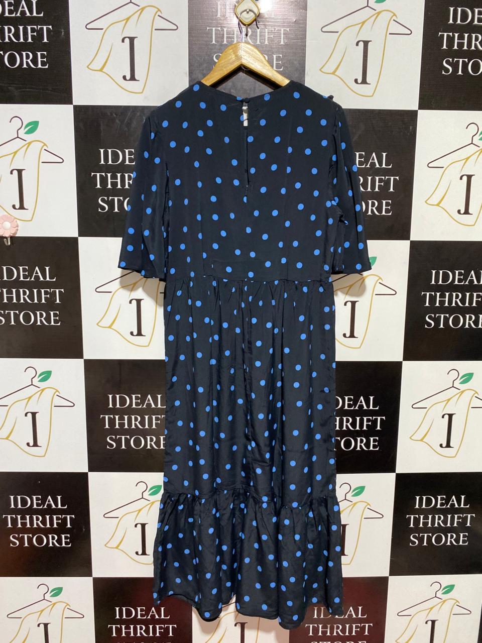 DUSK |L| BUST 19| B24| PREMIUM NAVY AND BLUE POLKA DOT RUFFLE MIDI DRESS