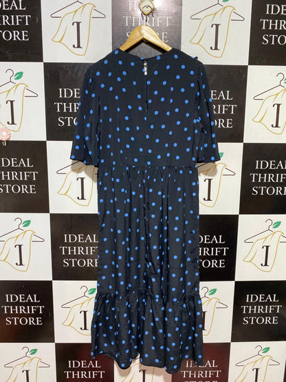 DUSK |L| BUST 19| B24| PREMIUM NAVY AND BLUE POLKA DOT RUFFLE MIDI DRESS