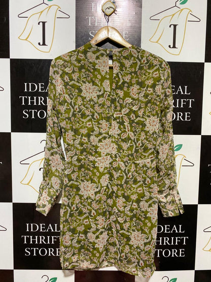 H&M |L| BUST 19| B24| PREMIUM OLIVE FLORAL VINTAGE-INSPIRED MINI DRESS