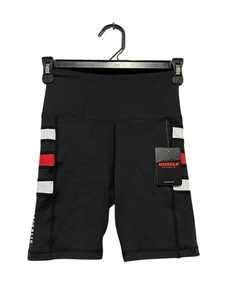 MUSCLE REPUBLIC |XS| WAIST 22| B25| WOMEN'S HIGH-WAISTED BIKER SHORTS – BLACK WITH STRIPE ACCENTS