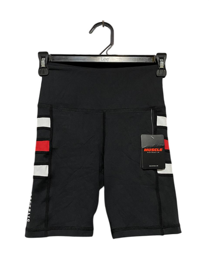 MUSCLE REPUBLIC |XS| WAIST 22| B25| WOMEN'S HIGH-WAISTED BIKER SHORTS – BLACK WITH STRIPE ACCENTS