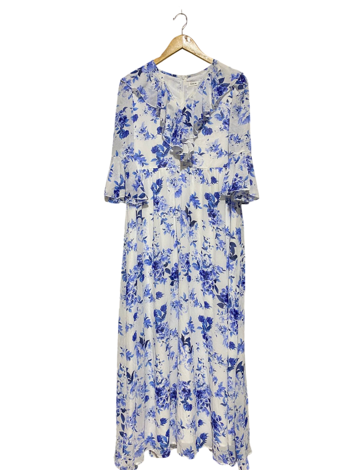 SHEIN |M| BUST 17| B25| V-NECK RUFFLE TRIM FLORAL MAXI DRESS - BLUE & WHITE