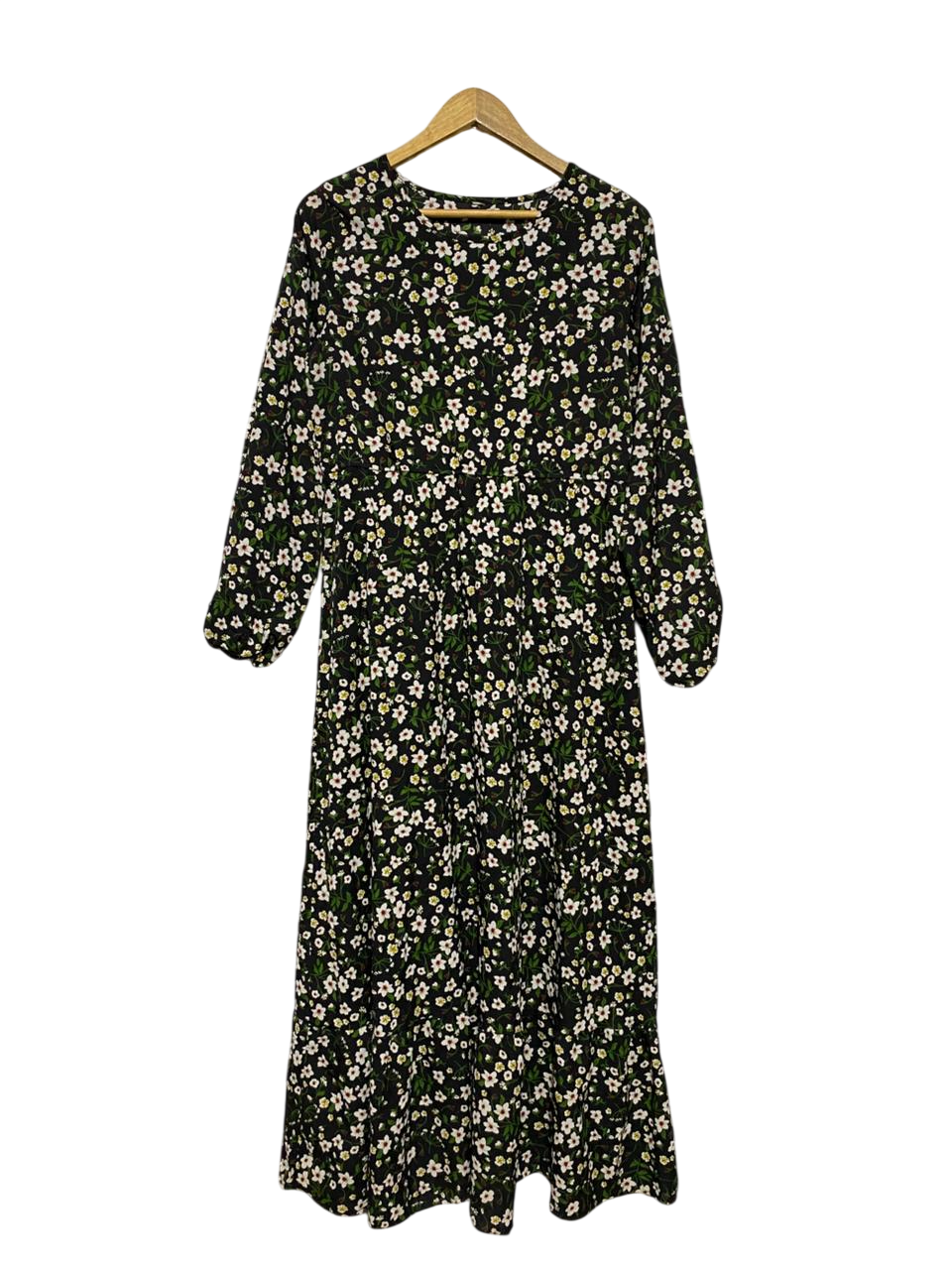 |XL| BUST 22| B25| ELEGANT FLORAL PRINT LONG-SLEEVE MIDI DRESS - BLACK/DAISY