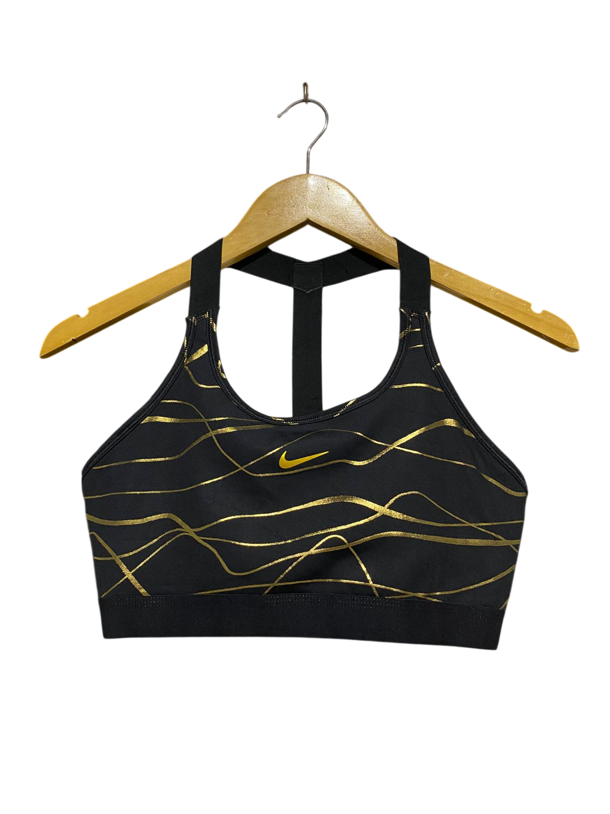 NIKE |M| BUST 14| B26| WOMEN'S DRI-FIT SWOOSH GOLD METALLIC RACERBACK SPORTS BRA