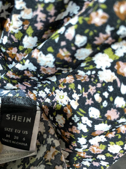SHEIN |M| BUST 18| B25| CHIC BLACK BUTTON-DOWN MIDI DRESS  CLASSIC PUFF SLEEVE ELEGANCE