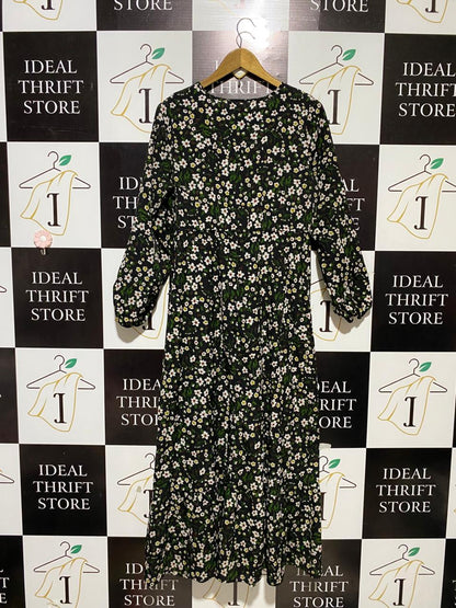 |XL| BUST 22| B25| ELEGANT FLORAL PRINT LONG-SLEEVE MIDI DRESS - BLACK/DAISY