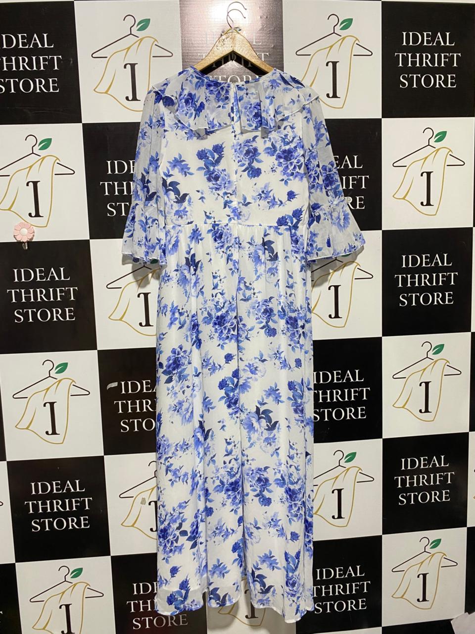 SHEIN |M| BUST 17| B25| V-NECK RUFFLE TRIM FLORAL MAXI DRESS - BLUE & WHITE