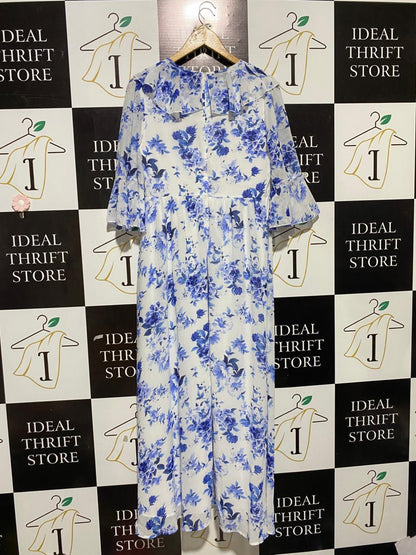 SHEIN |M| BUST 17| B25| V-NECK RUFFLE TRIM FLORAL MAXI DRESS - BLUE & WHITE