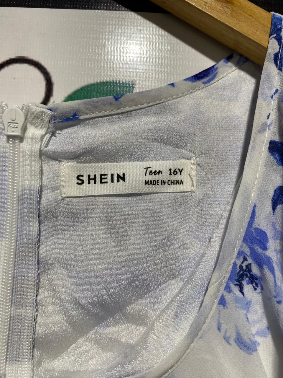 SHEIN |M| BUST 17| B25| V-NECK RUFFLE TRIM FLORAL MAXI DRESS - BLUE & WHITE