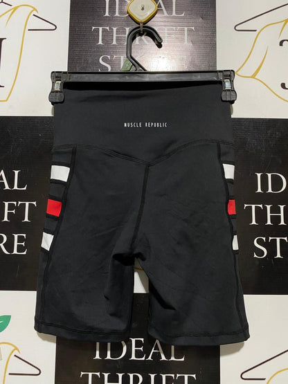 MUSCLE REPUBLIC |XS| WAIST 22| B25| WOMEN'S HIGH-WAISTED BIKER SHORTS – BLACK WITH STRIPE ACCENTS