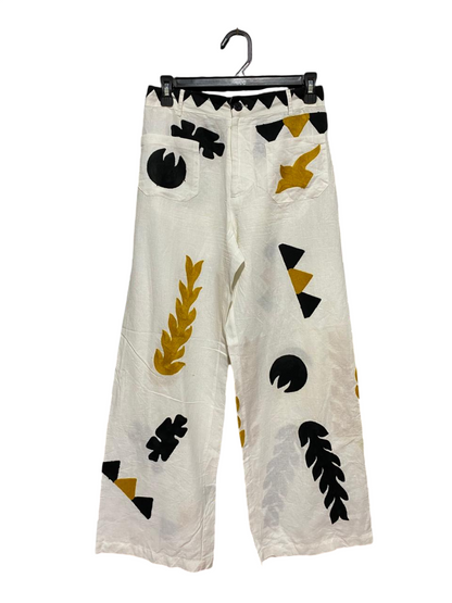 |M| WAIST 27| B26| ARTISTIC APPLIQUÉ WIDE-LEG LINEN TROUSERS