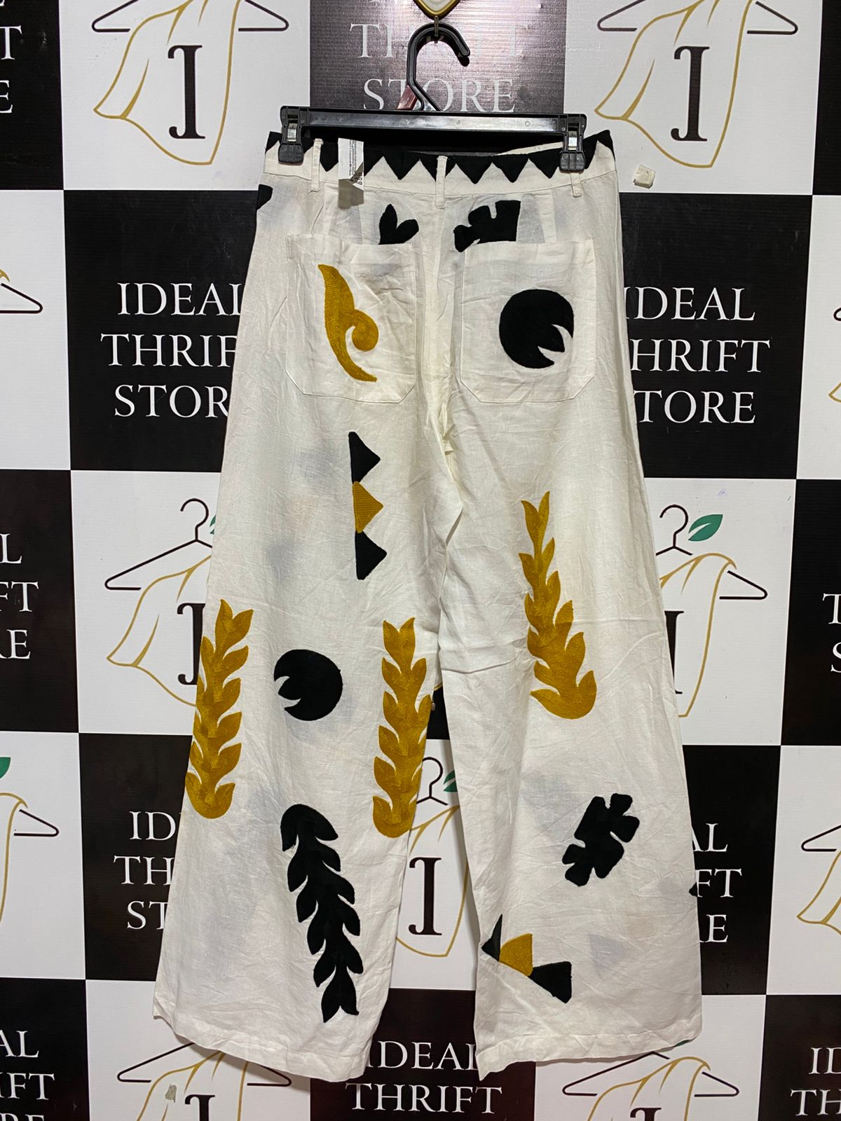 |M| WAIST 27| B26| ARTISTIC APPLIQUÉ WIDE-LEG LINEN TROUSERS