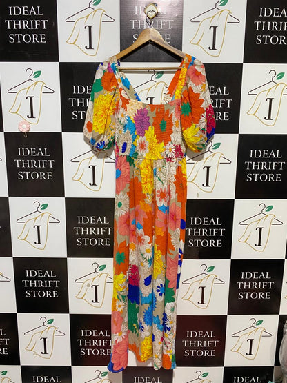 ST FROCK |M| BUST 17| B26| TREE VIBRANT FLORAL V-NECK MAXI DRESS