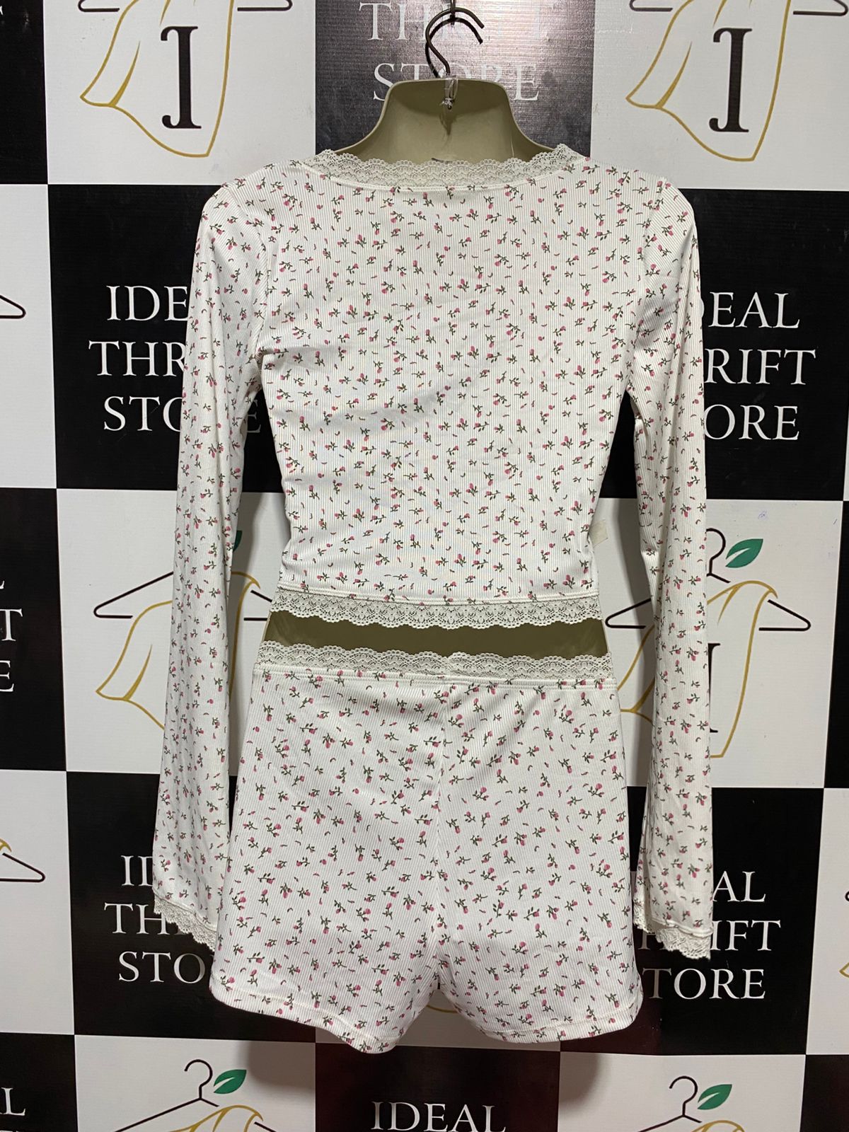 |S| B26|  VINTAGE FLORAL RIBBED LACE-TRIM LOUNGE SET