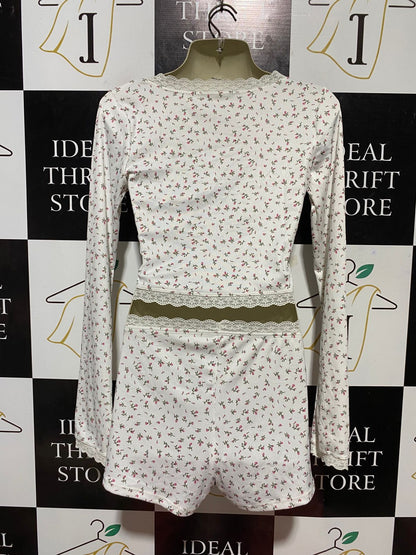 |S| B26|  VINTAGE FLORAL RIBBED LACE-TRIM LOUNGE SET