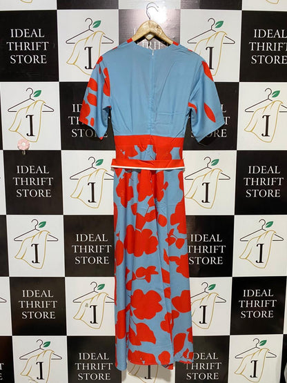 |S| BUST 16| B26| V-NECK ORANGE FLORAL PRINT MAXI DRESS WITH BELT