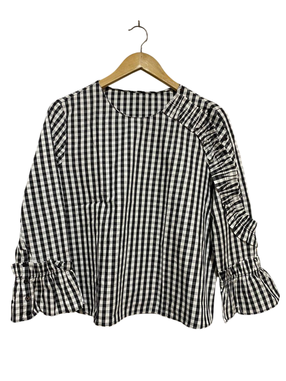 ZARA |M| BUST 20| B27| MONOCHROME GINGHAM CHECK RUFFLE DETAIL BLOUSE