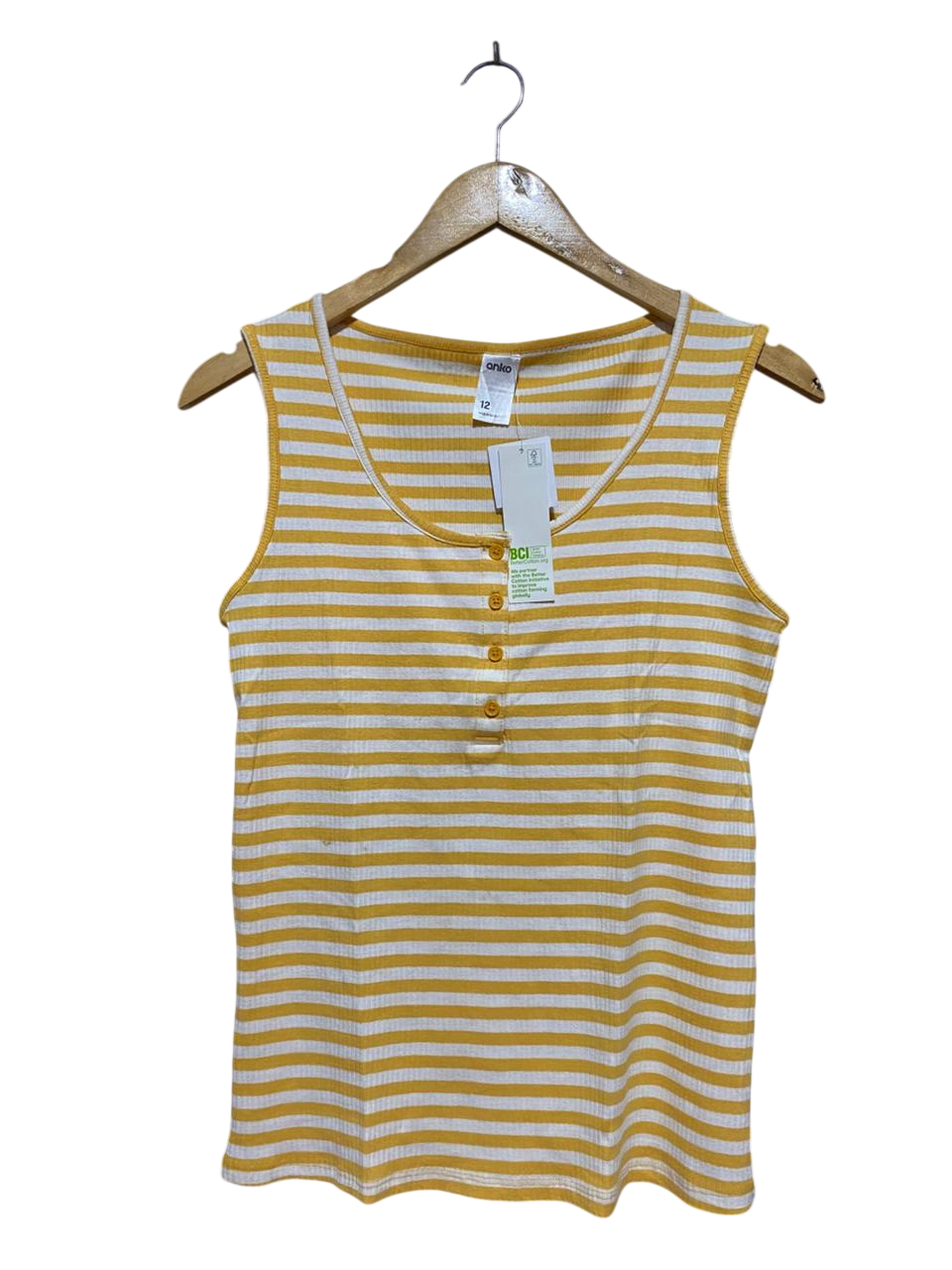 ANKO |M| BUST 15| B27| YELLOW AND WHITE STRIPED RIBBED HENLEY TANK TOP