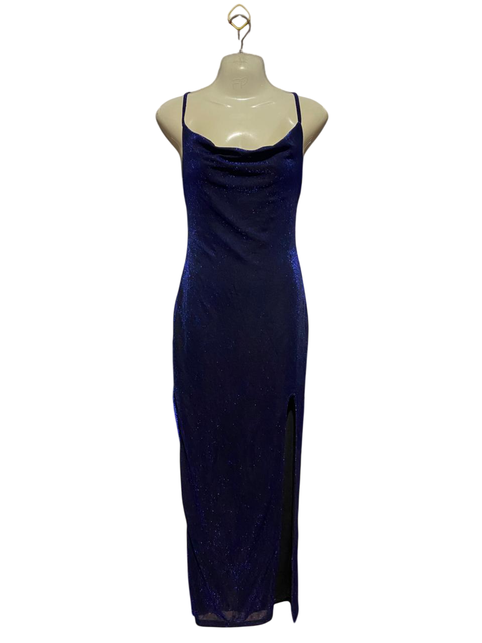 LUVALOT |M| BUST 16| B27| SHIMMERING ROYAL BLUE COWL NECK MAXI DRESS WITH SIDE SLIT