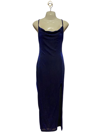 LUVALOT |M| BUST 16| B27| SHIMMERING ROYAL BLUE COWL NECK MAXI DRESS WITH SIDE SLIT